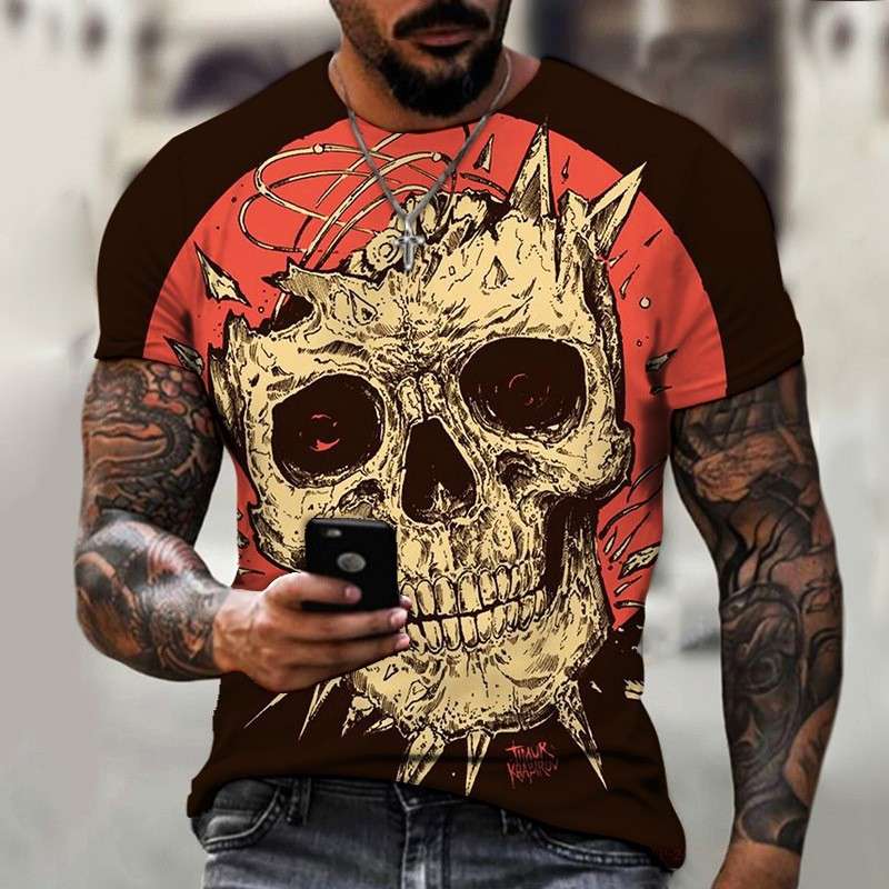（非表示）パンクファッション  ドクロプリント 半袖Tシャツ