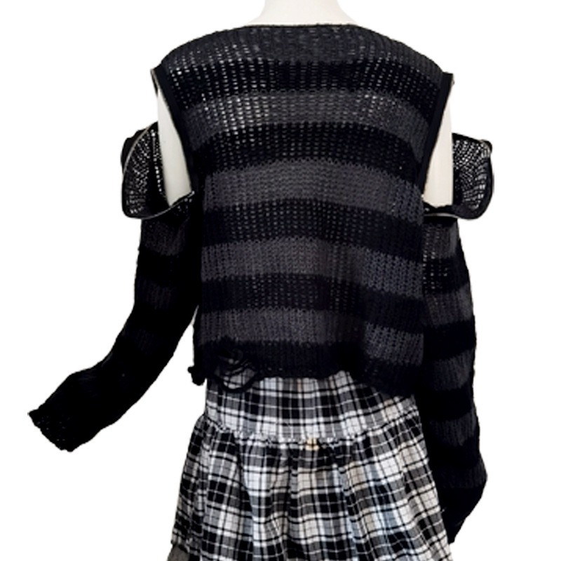 パンクファッション ダメージ加工ボーダーニットセーター