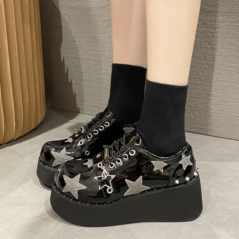 パンクファッション レザーパンク系星柄厚底合皮レディースローファー