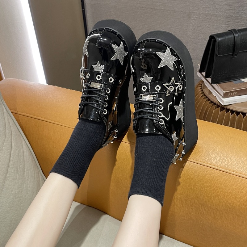 パンクファッション レザーパンク系星柄厚底合皮レディースローファー