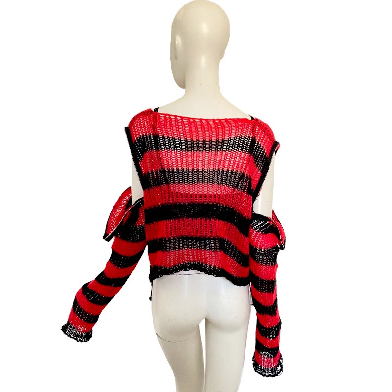 パンクファッション ダメージ加工ボーダーニットセーター