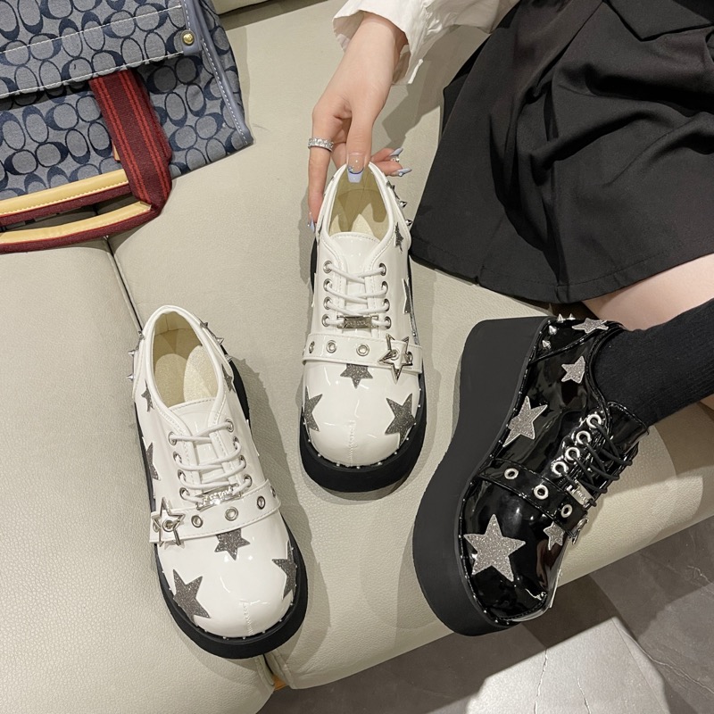 パンクファッション レザーパンク系星柄厚底合皮レディースローファー
