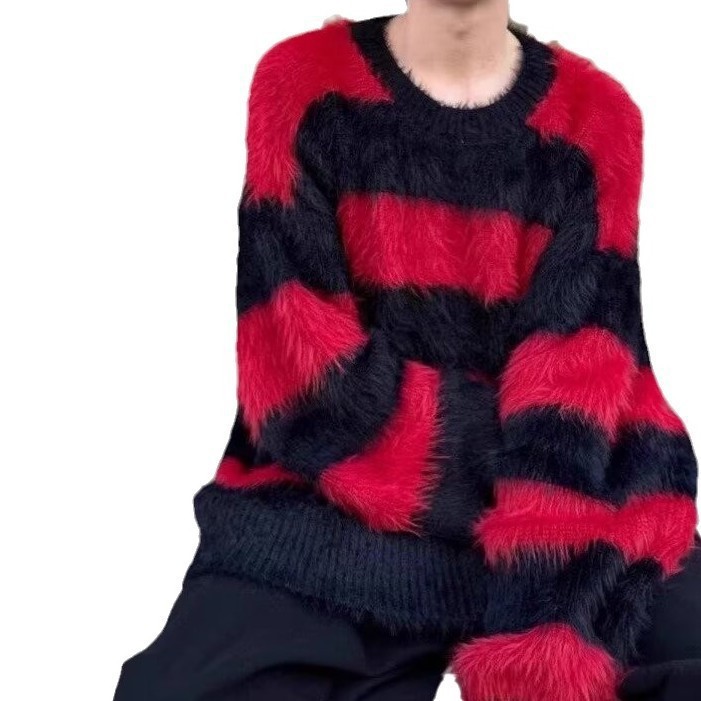 （非表示）パンクファッション モヘアボーダーニットセーター