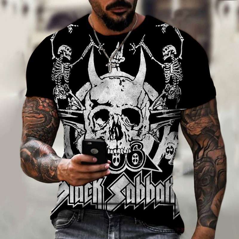 （非表示）パンクファッション  ドクロプリント 半袖Tシャツ