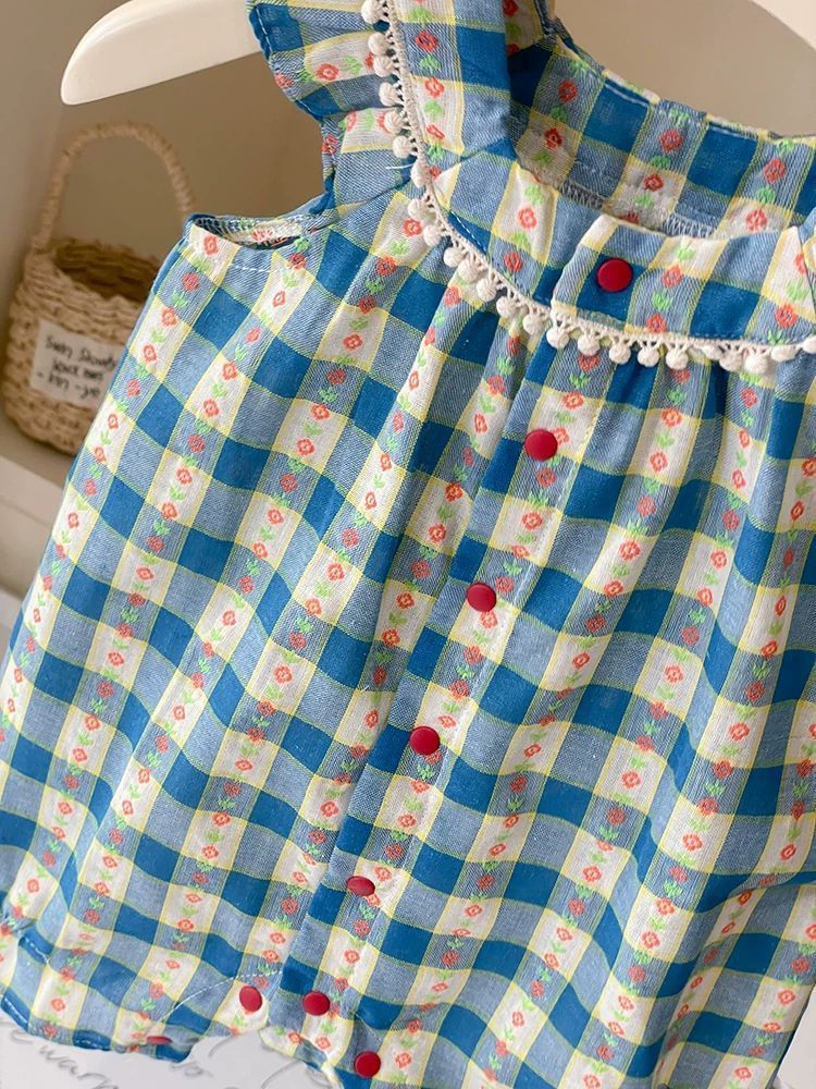 フリル襟チェック柄前開きロンパース