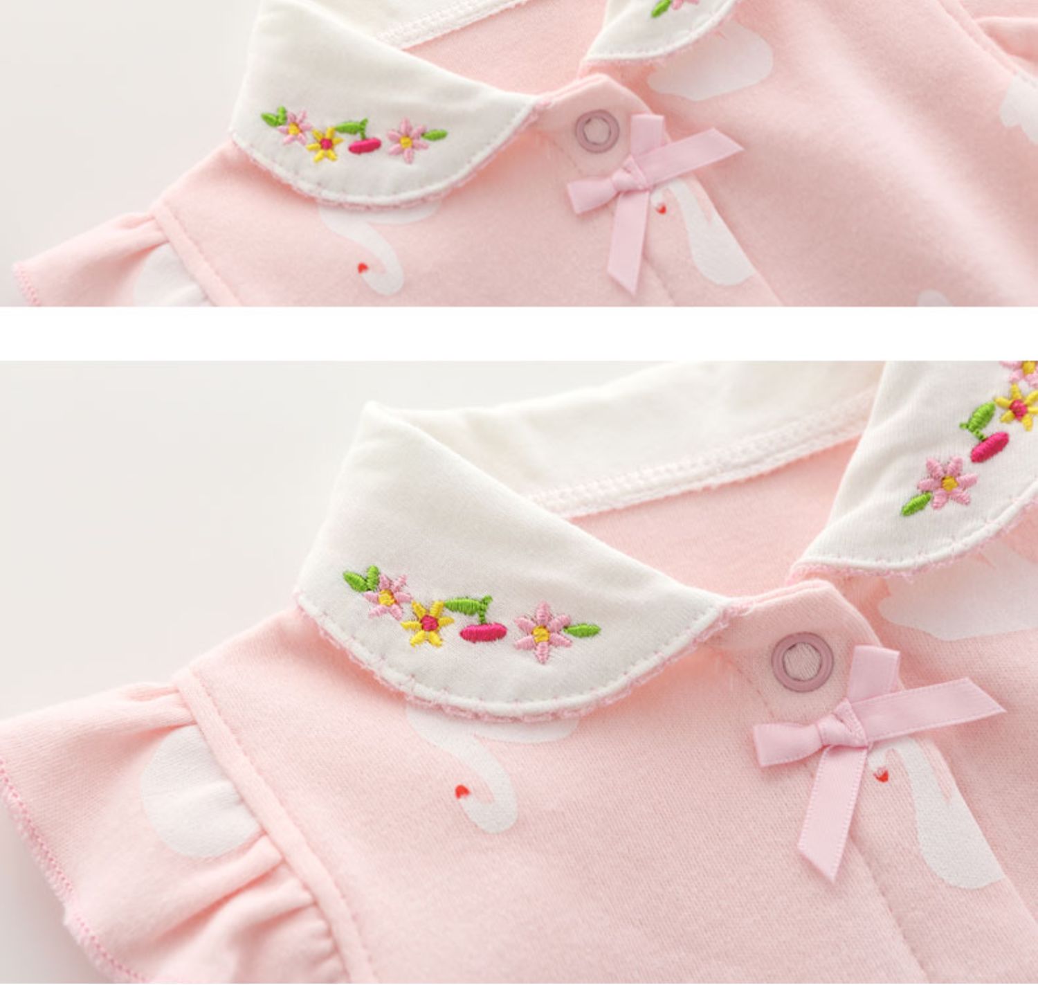 ロンパース 花刺繍襟 白鳥柄ノースリーブロンパース