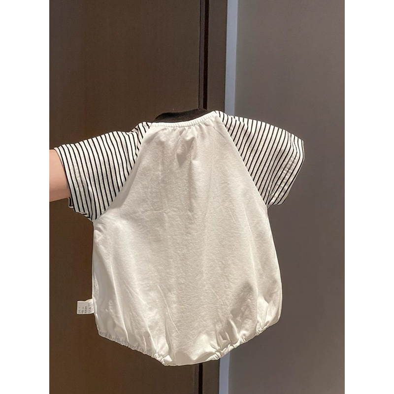 わんちゃん刺繍ストライプ袖ロンパース