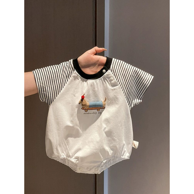 わんちゃん刺繍ストライプ袖ロンパース