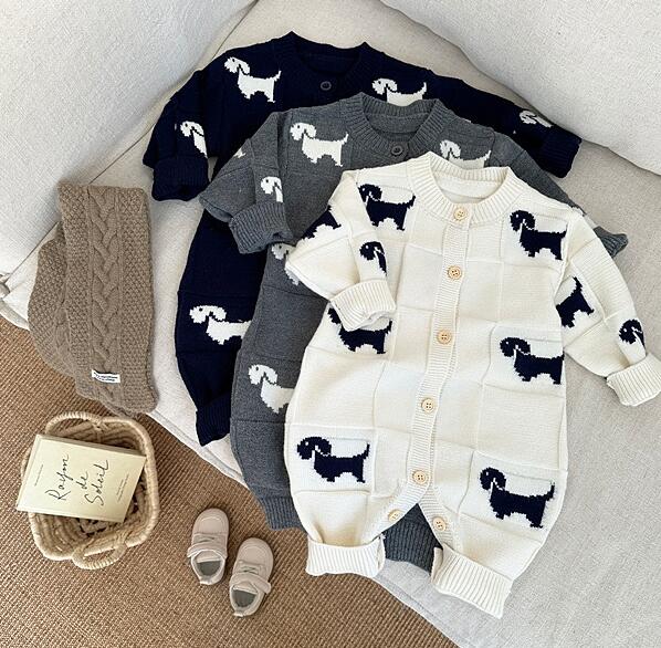 犬柄ニット長袖ロンパース 韓国風子供服 3色展開