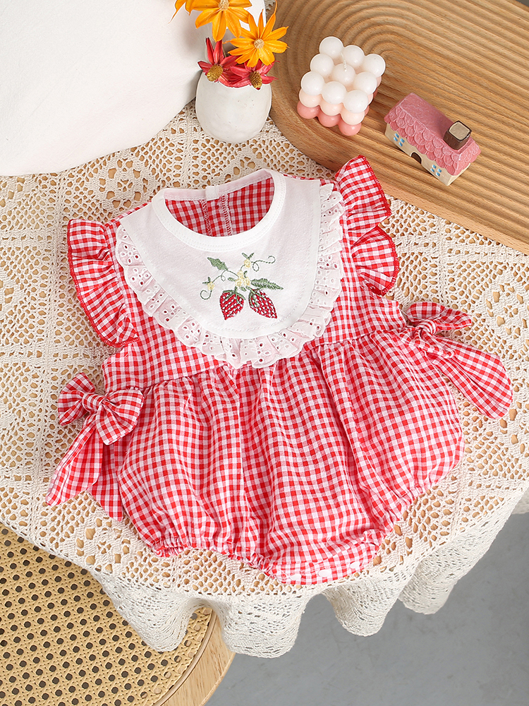 ロンパース いちご刺繍フリルノースリーブロンパース