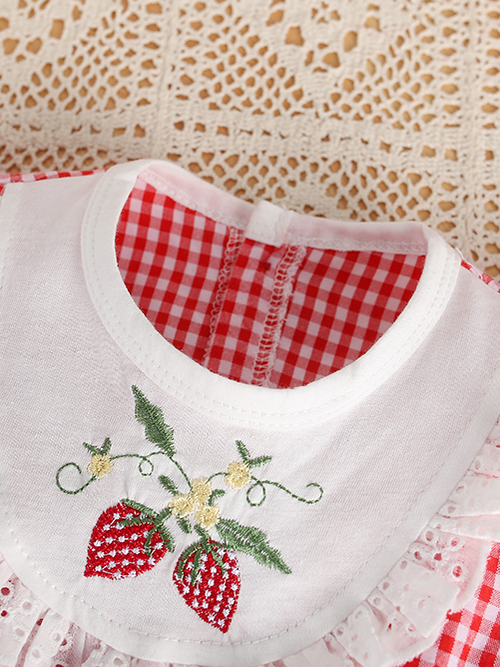 ロンパース いちご刺繍フリルノースリーブロンパース