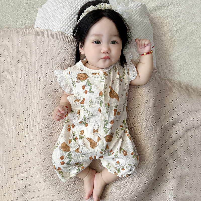 赤ちゃん用花柄フリル袖ロンパース