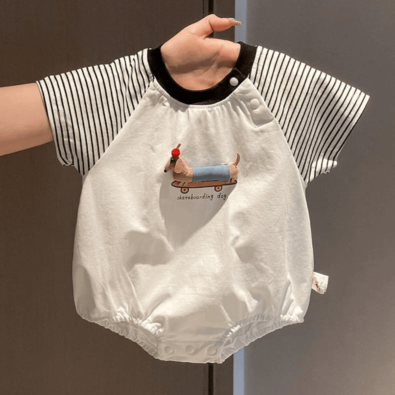 わんちゃん刺繍ストライプ袖ロンパース