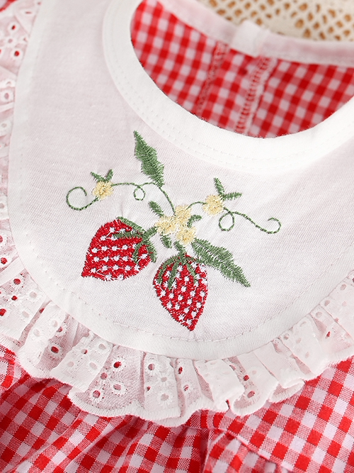 ロンパース いちご刺繍フリルノースリーブロンパース