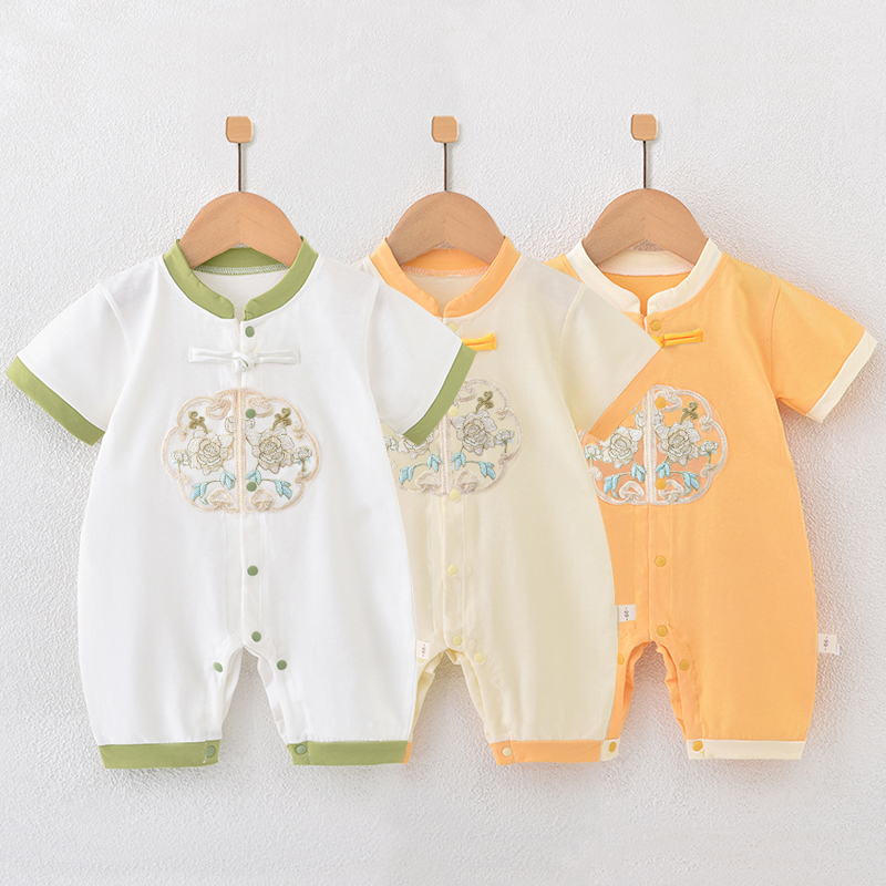 ロンパース 花刺繍チャイナ風半袖ロンパース
