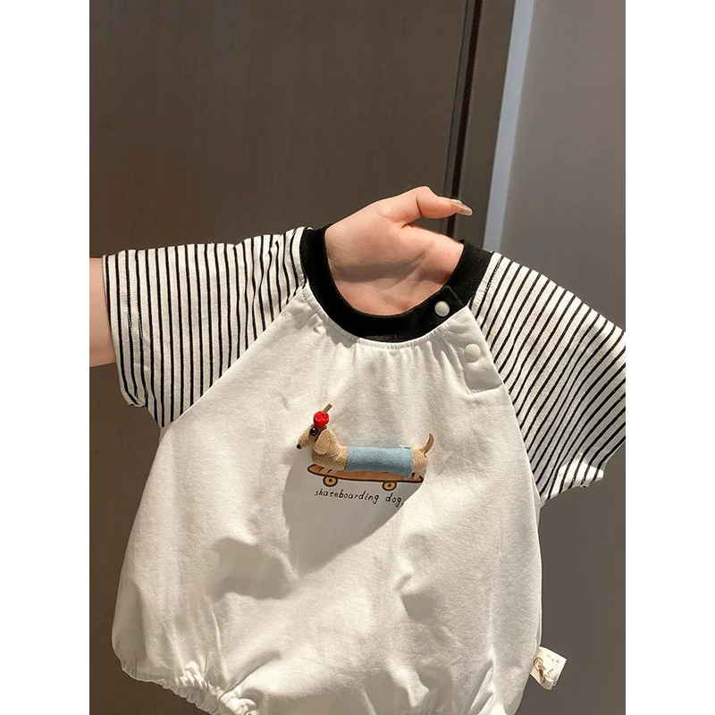 わんちゃん刺繍ストライプ袖ロンパース
