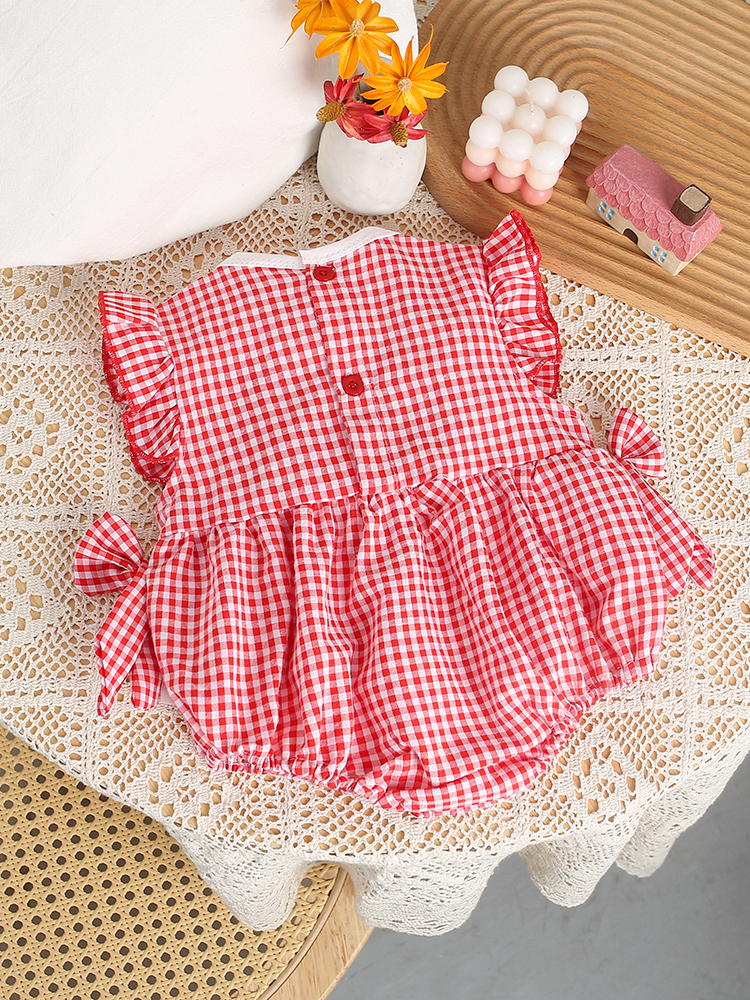 ロンパース いちご刺繍フリルノースリーブロンパース