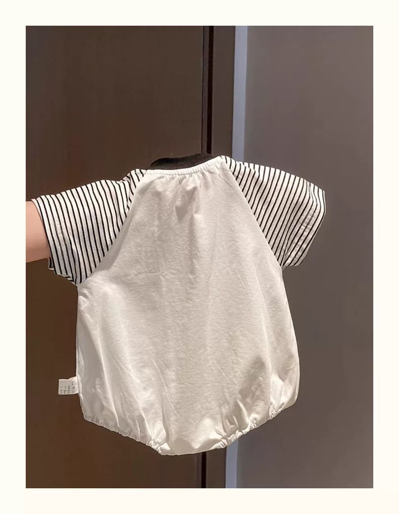 わんちゃん刺繍ストライプ袖ロンパース