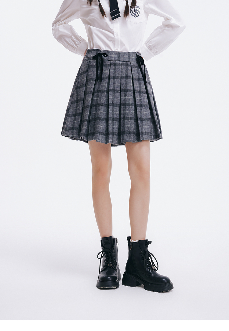 プリーツスカート リボン付き制服風プリーツミニスカート