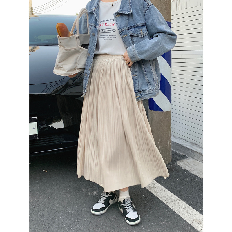 韓国風レトロプリーツスカート ロング丈カジュアル