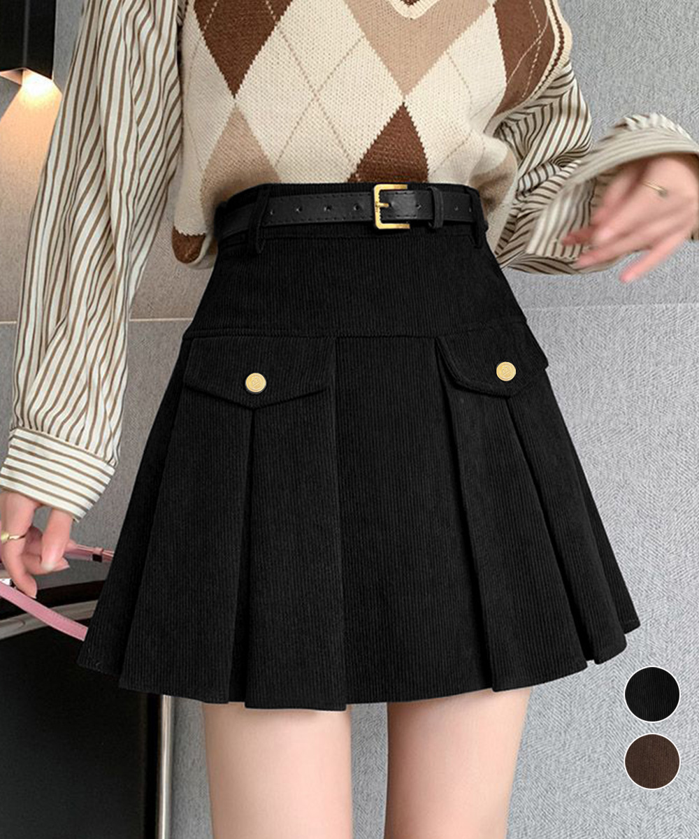 コーデュロイプリーツスカート ベルト付き ポケットデザイン