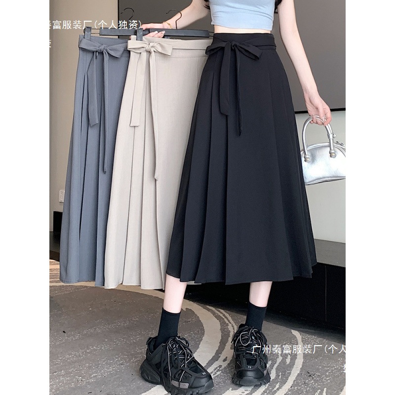 プリーツスカート リボン付き上品プリーツスカート