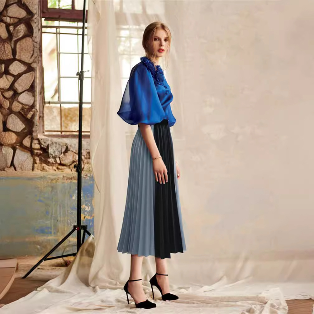 ハイウエストプリーツスカート ウエストゴム ロング丈 3色展開