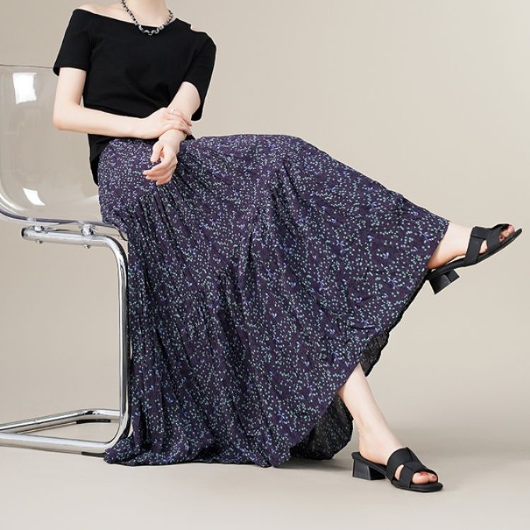 プリーツスカート 優美な花柄プリーツロングスカート
