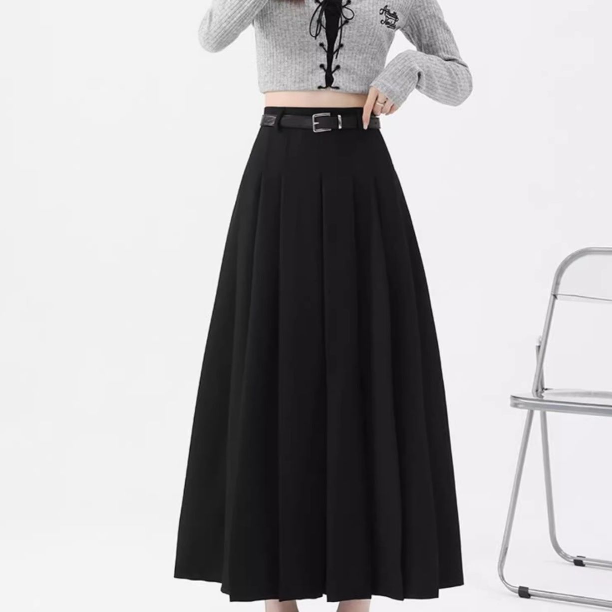 プリーツスカート ベルト付き優美プリーツロングスカート