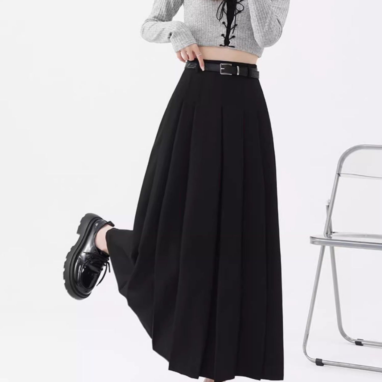 プリーツスカート ベルト付き優美プリーツロングスカート