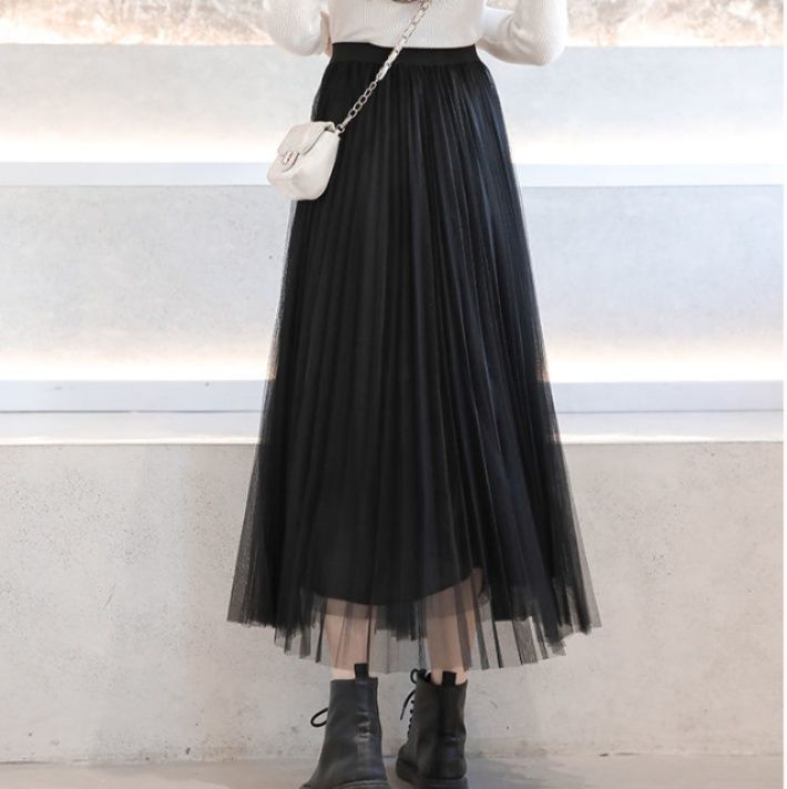 プリーツスカート 優美なチュールプリーツロングスカート