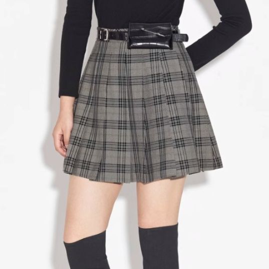プリーツスカート 格子柄ベルト付きプリーツミニスカート