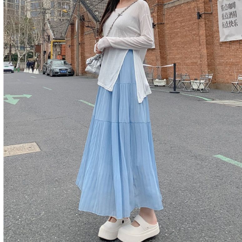 プリーツスカート 優美な段プリーツロングスカート