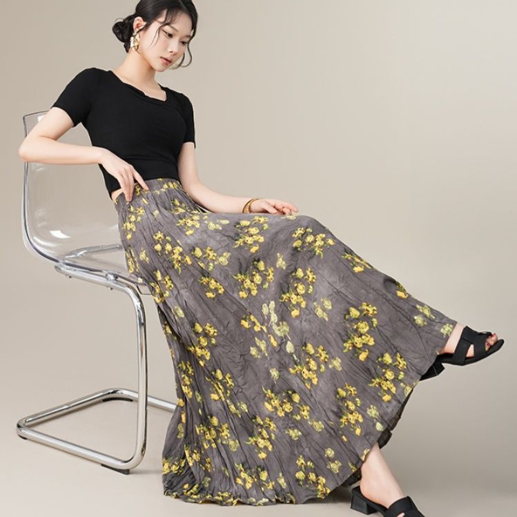 プリーツスカート 花柄デザインプリーツロングスカート