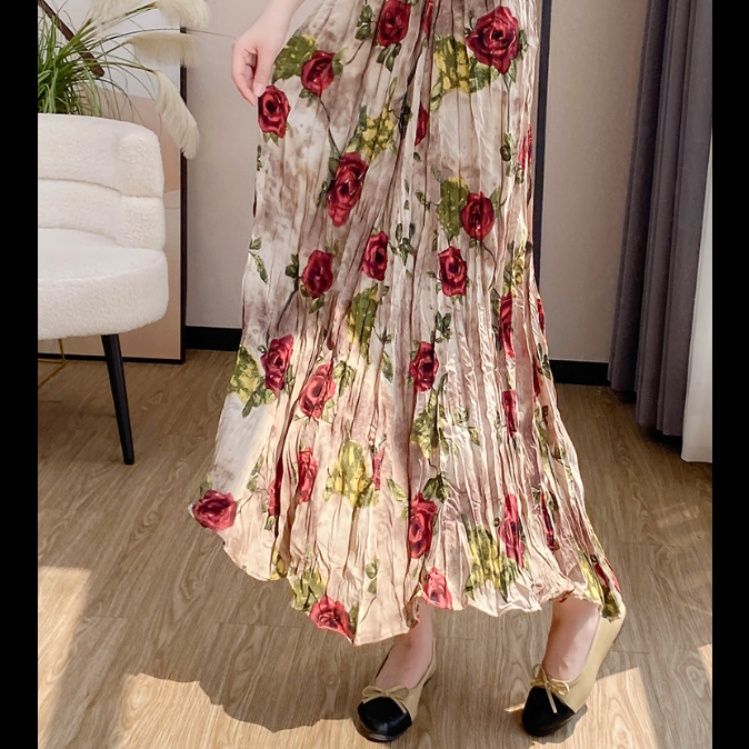 プリーツスカート 花柄プリーツロングスカート