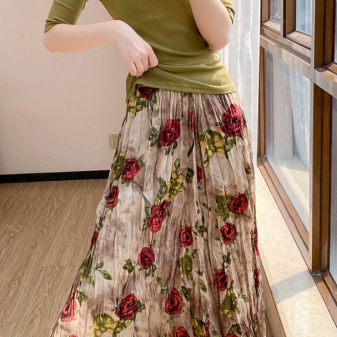 プリーツスカート 花柄プリーツロングスカート