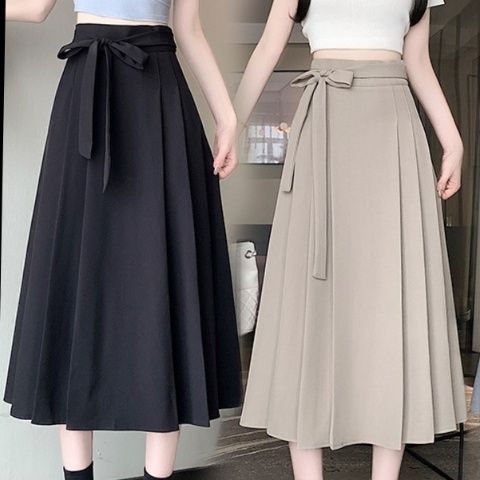 プリーツスカート リボン付き上品プリーツスカート