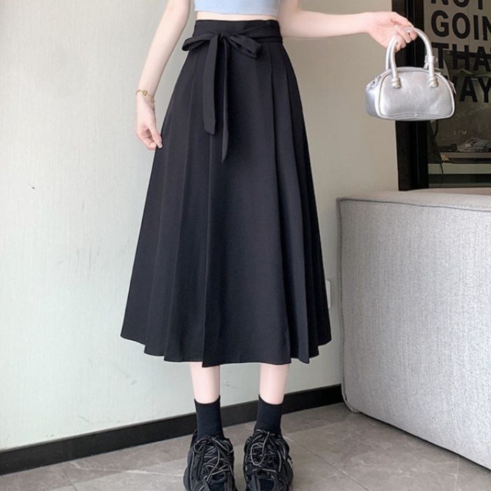 プリーツスカート リボン付き上品プリーツスカート