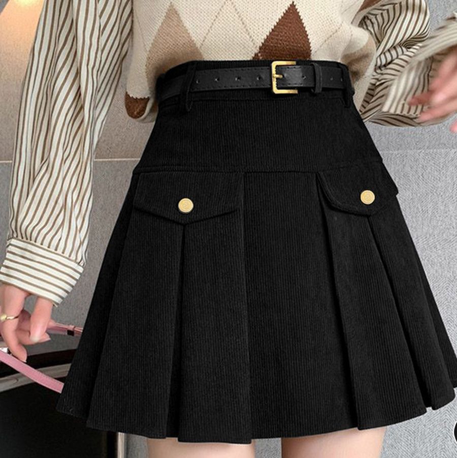 コーデュロイプリーツミニスカート ベルト付き ポケットデザイン