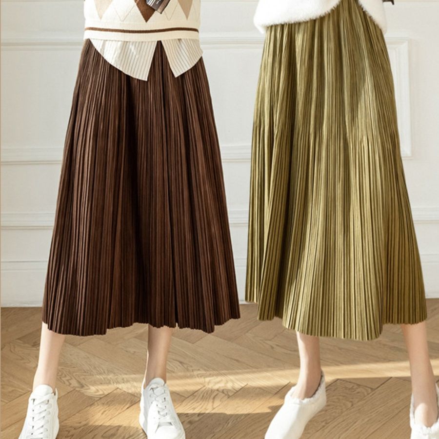 プリーツスカート ハイウエスト 着痩せ ミモレ丈 ロング