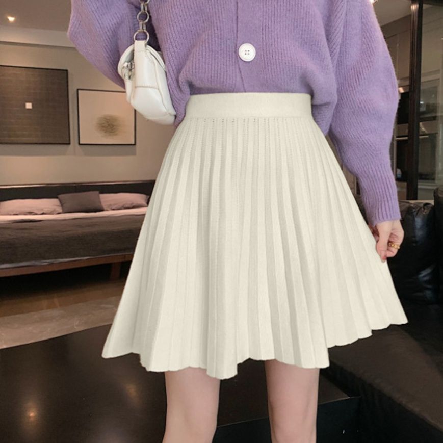 編みニットプリーツスカート 韓国風膝丈