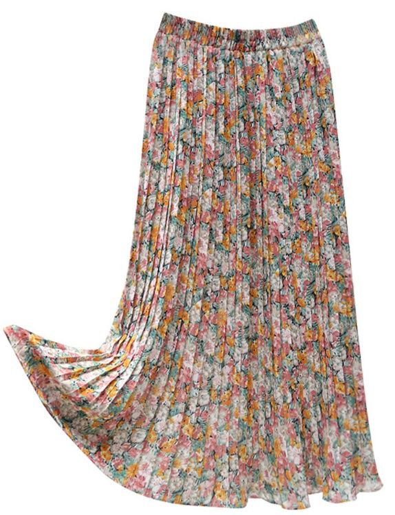 プリーツスカート 華やか花柄シフォンロングスカート