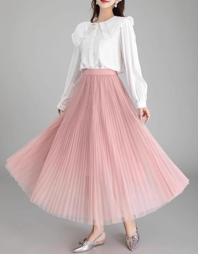 プリーツスカート 上品な透け感チュールロング丈