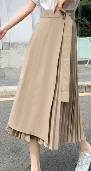 プリーツスカート サイドプリーツ切替ラップ風ロングスカート