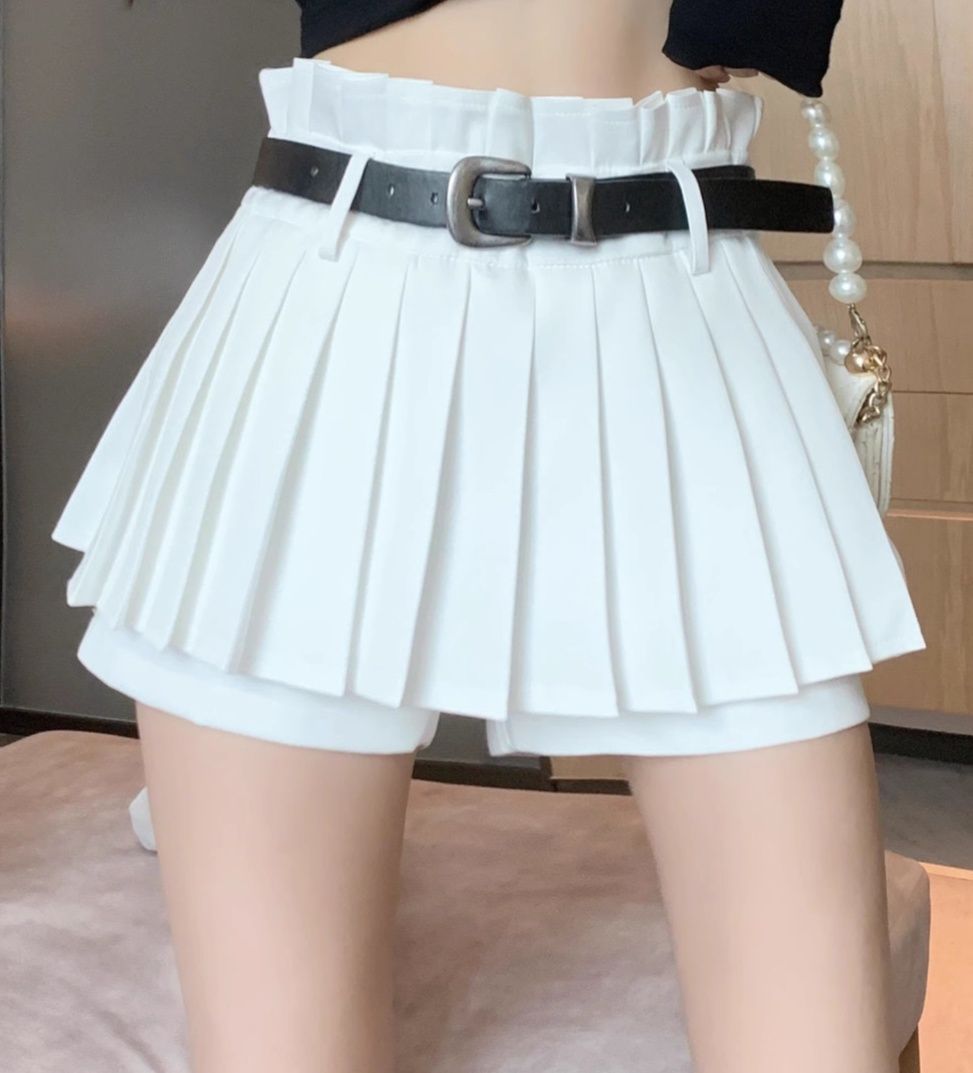 プリーツスカート ベルト付き二重層ミニスカート