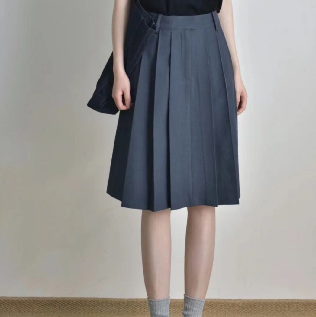 プリーツスカート ハイウエストボックスプリーツ膝丈スカート