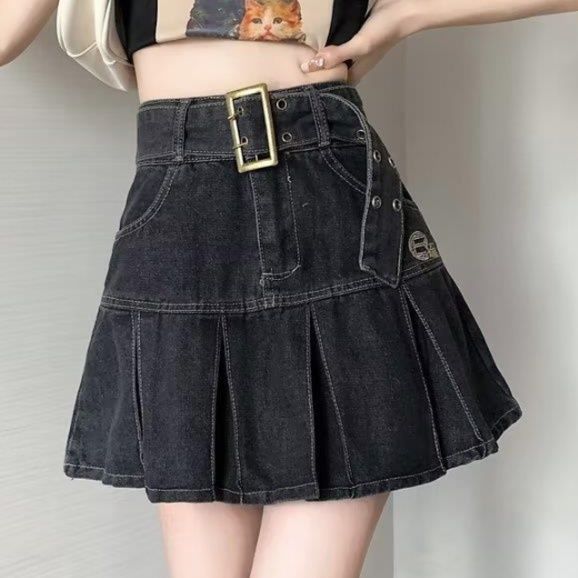 ベルト付きハイウエストデニムプリーツスカート
