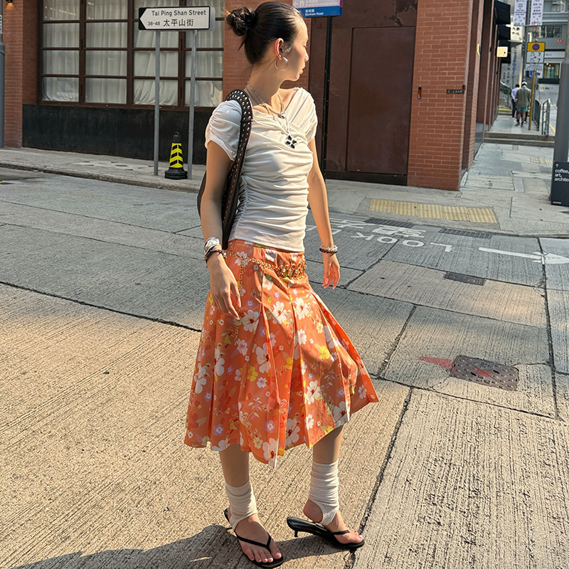 プリーツスカート 花柄プリーツ膝丈スカート