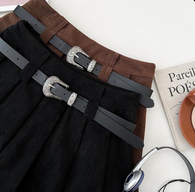 プリーツスカートコーデュロイ生地 ベルト付きミニ