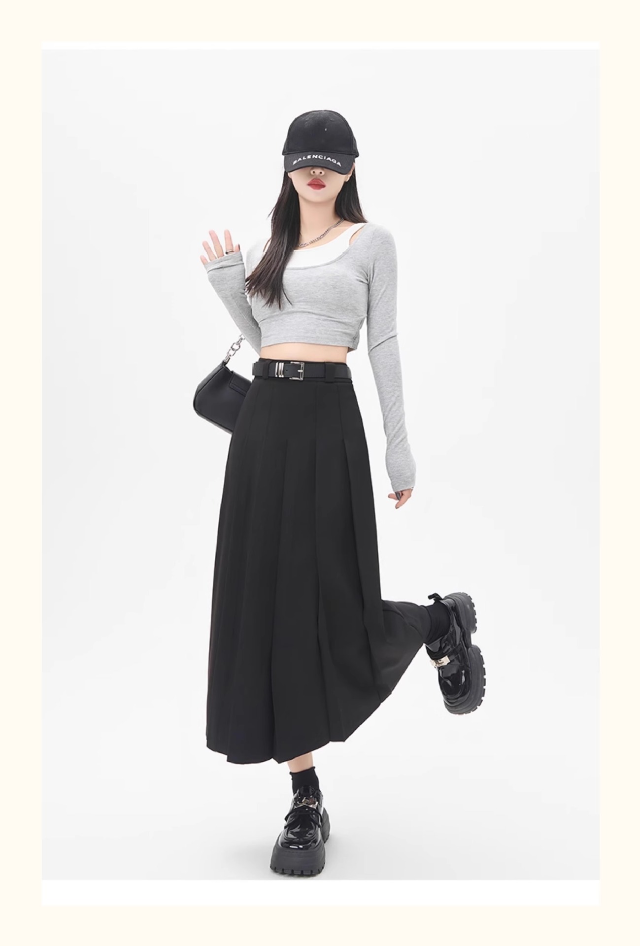 プリーツスカート 上品ベルト付きプリーツスカート